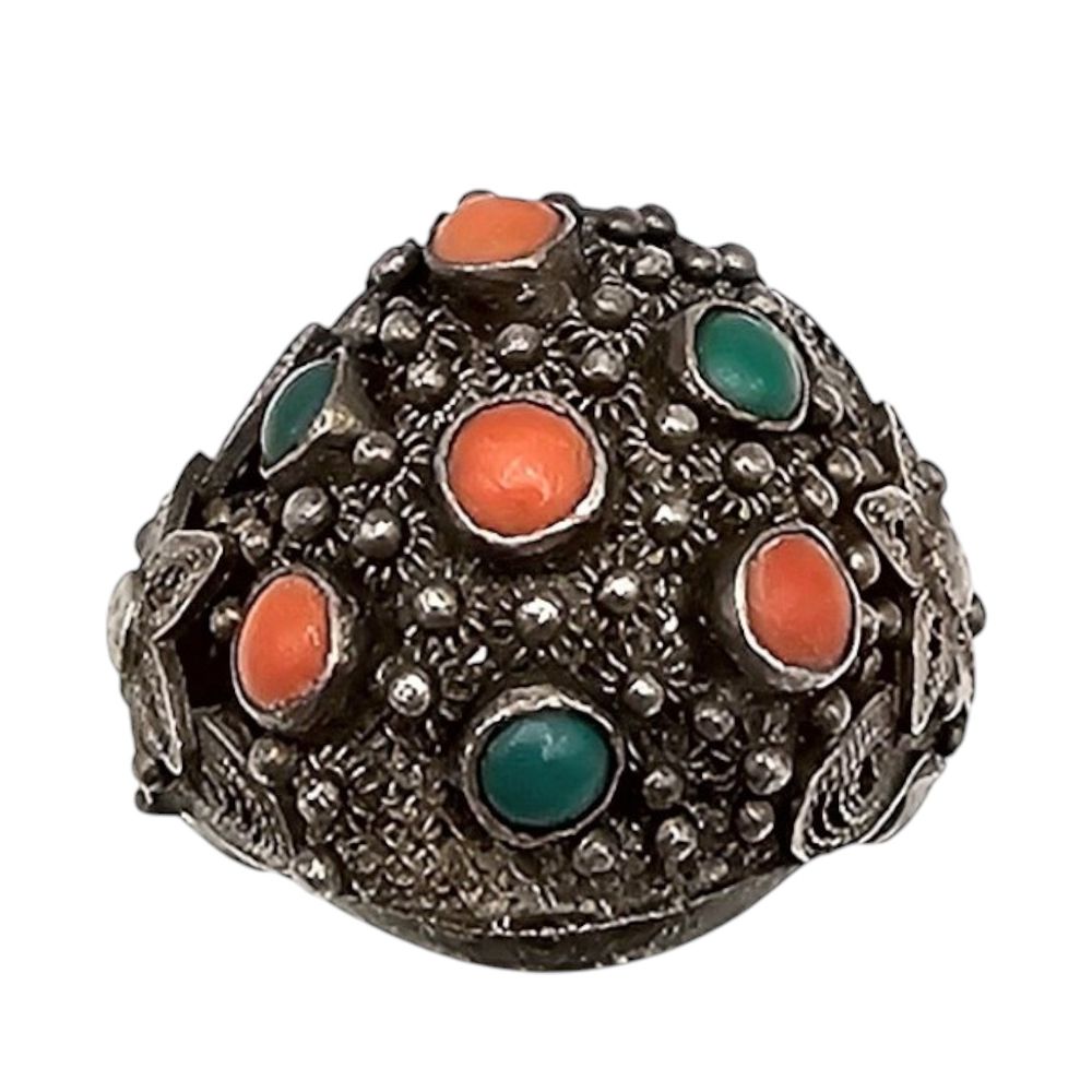 Lot 171: Chinese Turquoise Coral Sterling Silver Filigree Ring Size 7.5 6.4 G