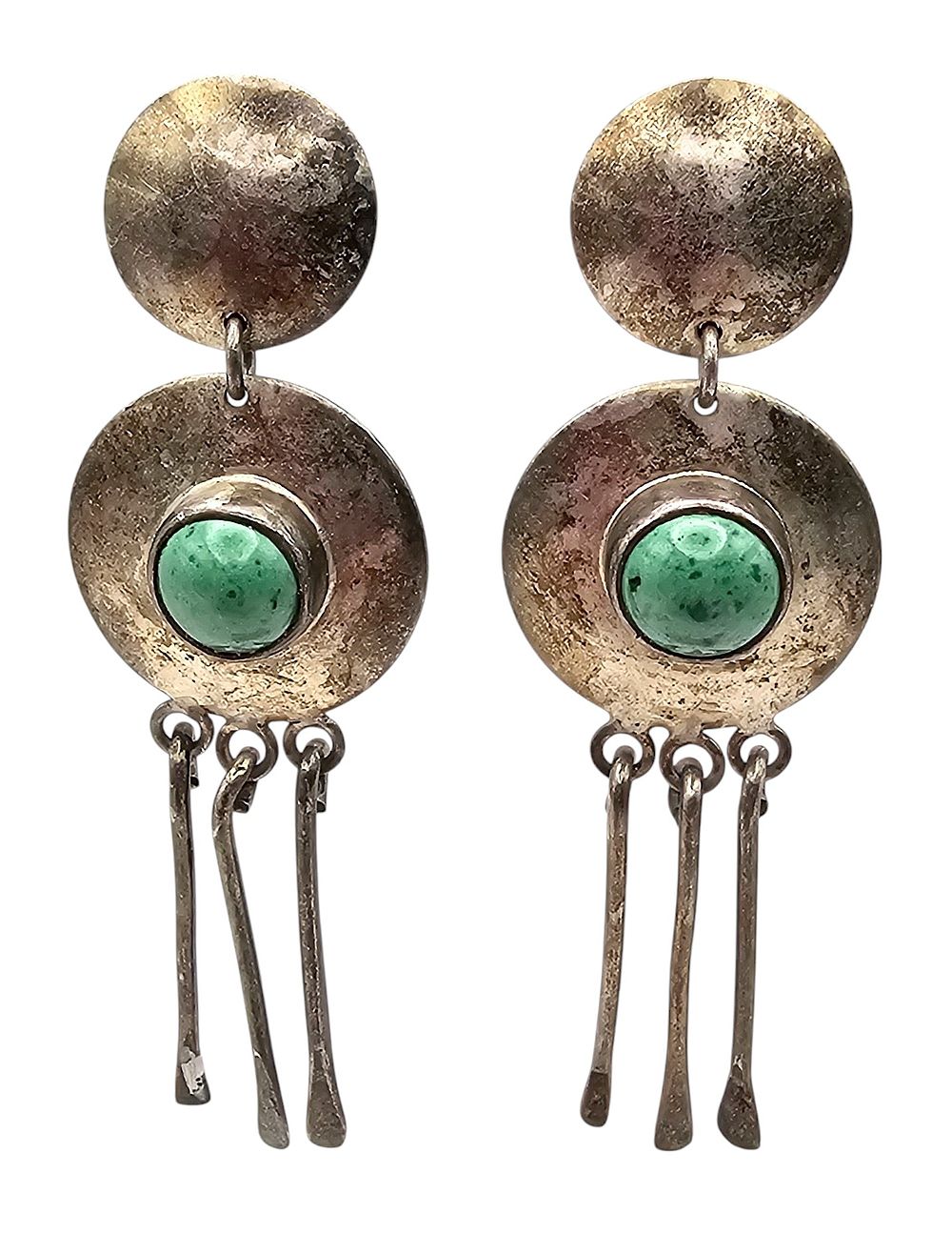 Lot 173: Vintage Green Stone Sterling Silver Fringe Dangle Earrings 15.7 G