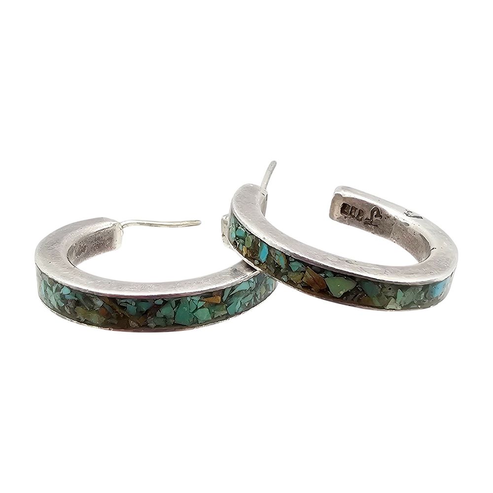 Lot 181: J Crushed Turquoise Sterling Silver Hoop Earrings 7 G