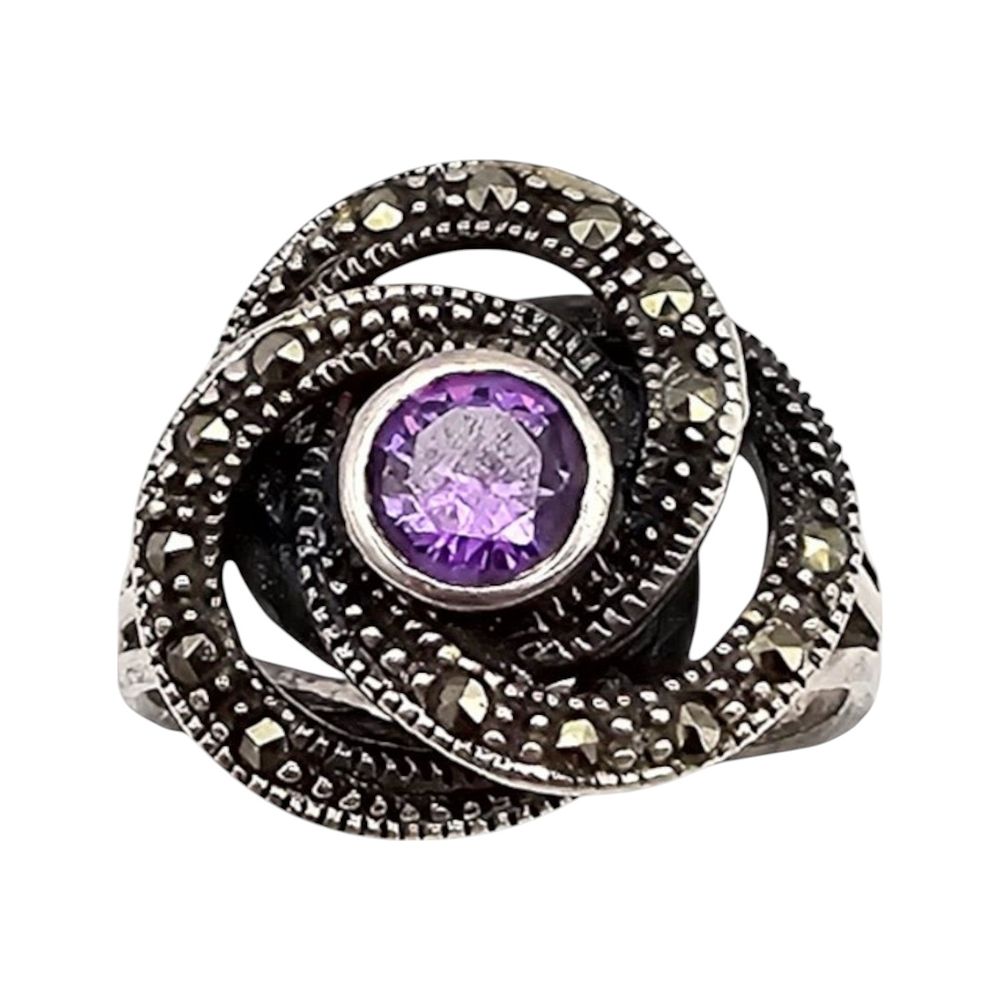 Lot 187: CW Marcasite Amethyst Sterling Silver Flower Ring Size 8 5.7 G