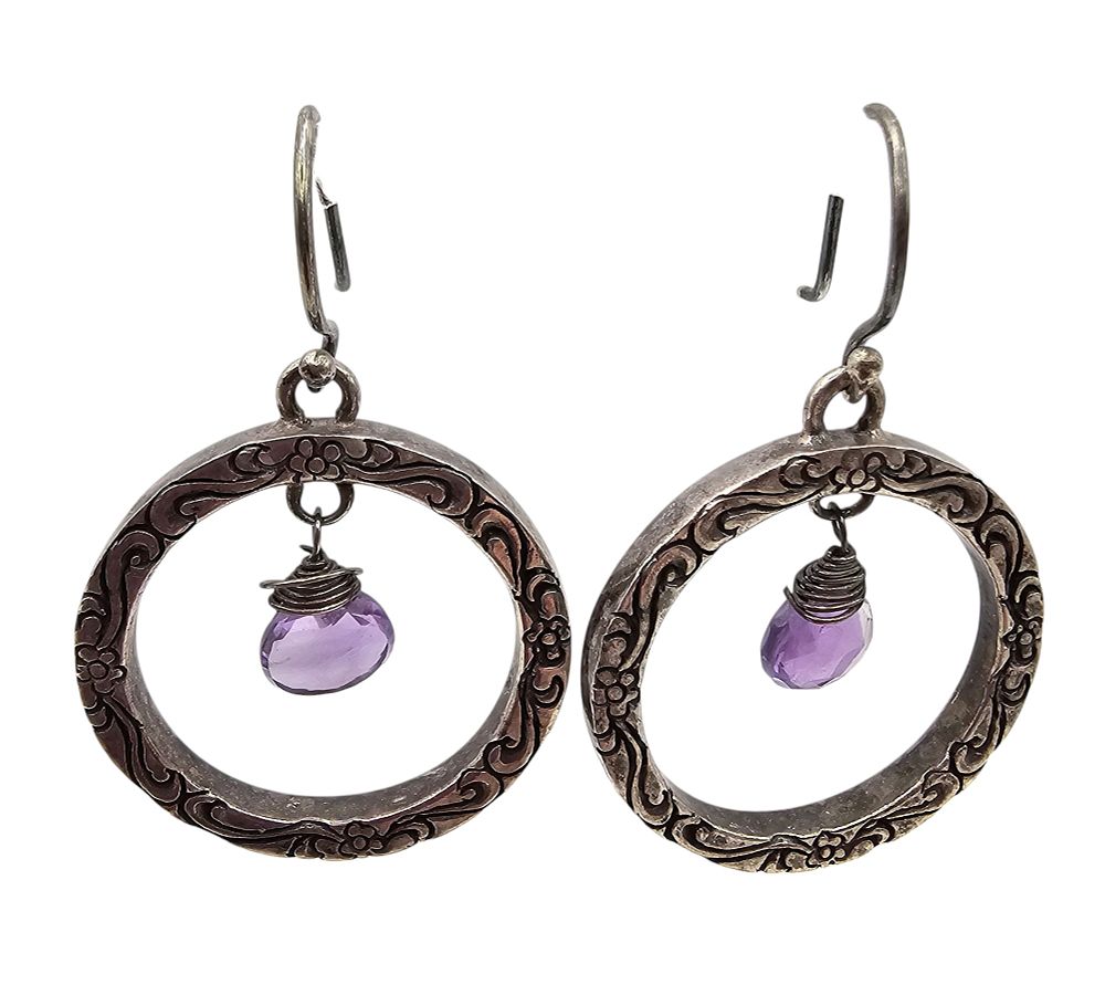 Lot 309: Amethyst Sterling Silver Circle Drop Dangle Earrings 11.5 G