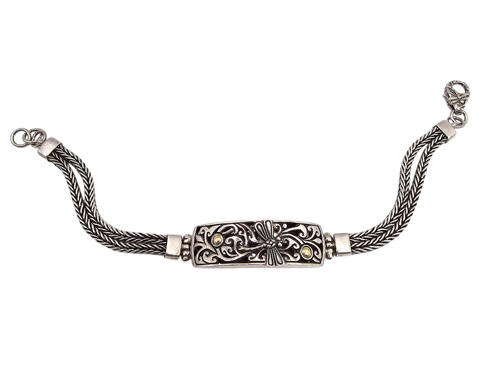 Lot 411: 18K Gold Sterling Silver Dragonfly Wheat Chain Bracelet 18.4 G