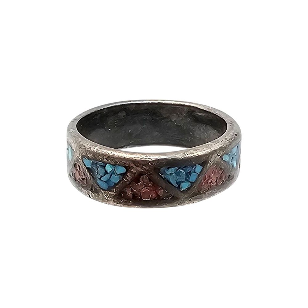 Lot 333: Navajo Crushed Turquoise Coral Sterling Silver Ring Size 4.25 3.2 G