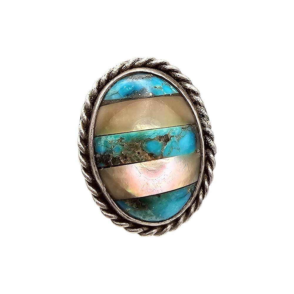 Lot 345: Southwestern Mother Of Pearl Turquoise Sterling Silver Ring Size 10.75 16.7 G