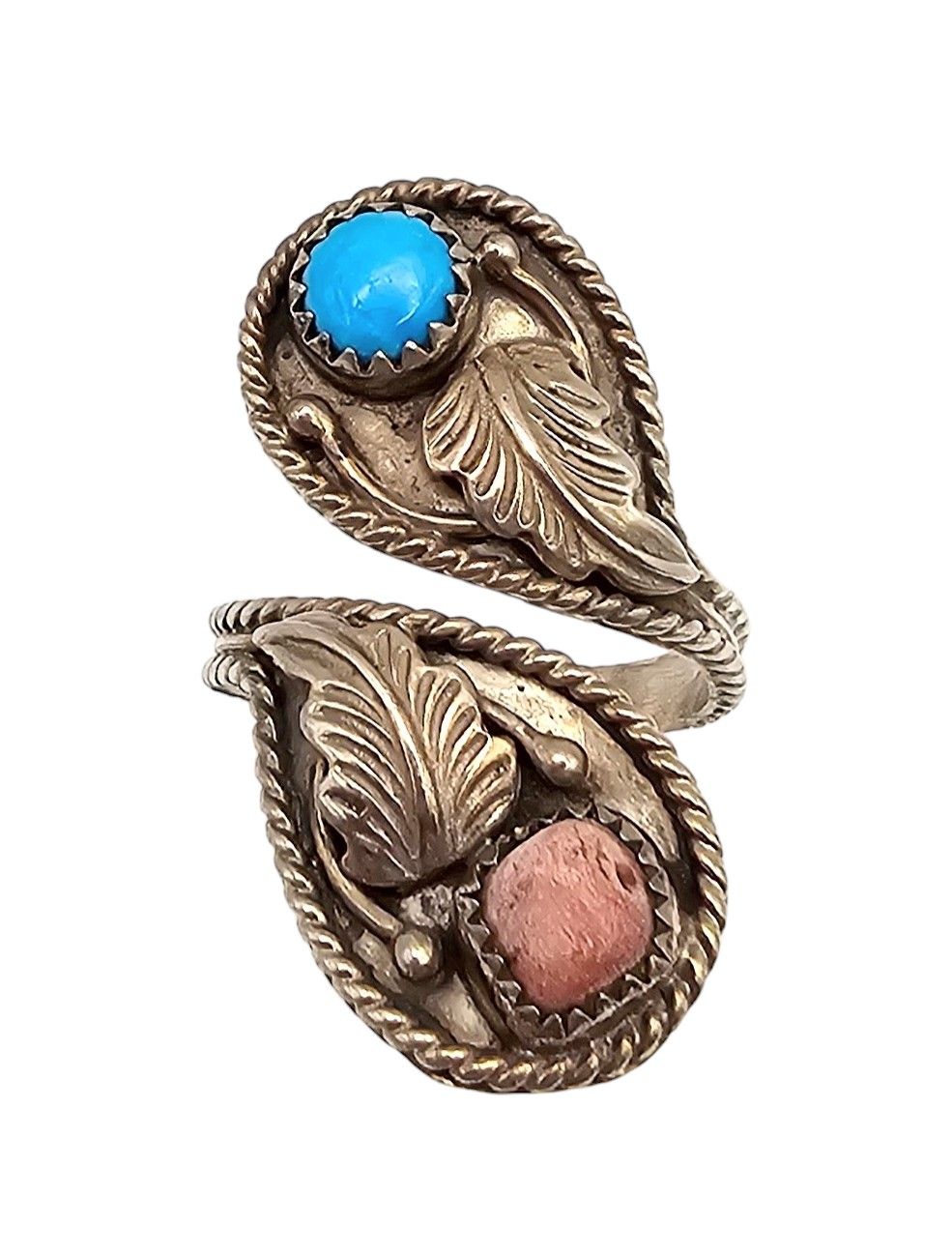 Lot 177: Southwestern Turquoise Coral Sterling Silver Wrap Ring Size 6.75 5.6 G