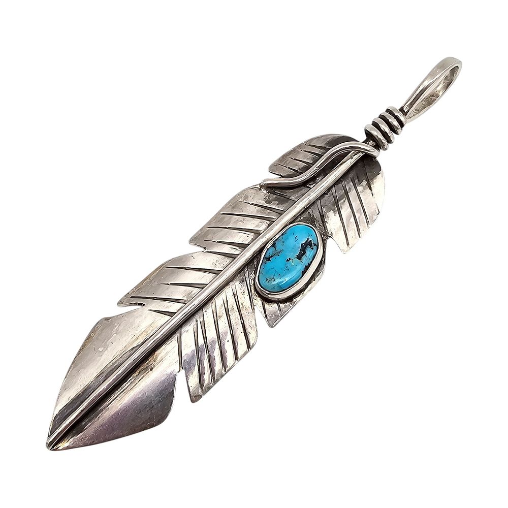 Lot 180: Signed Southwestern Turquoise Sterling Silver Feather Pendant 16.8 G