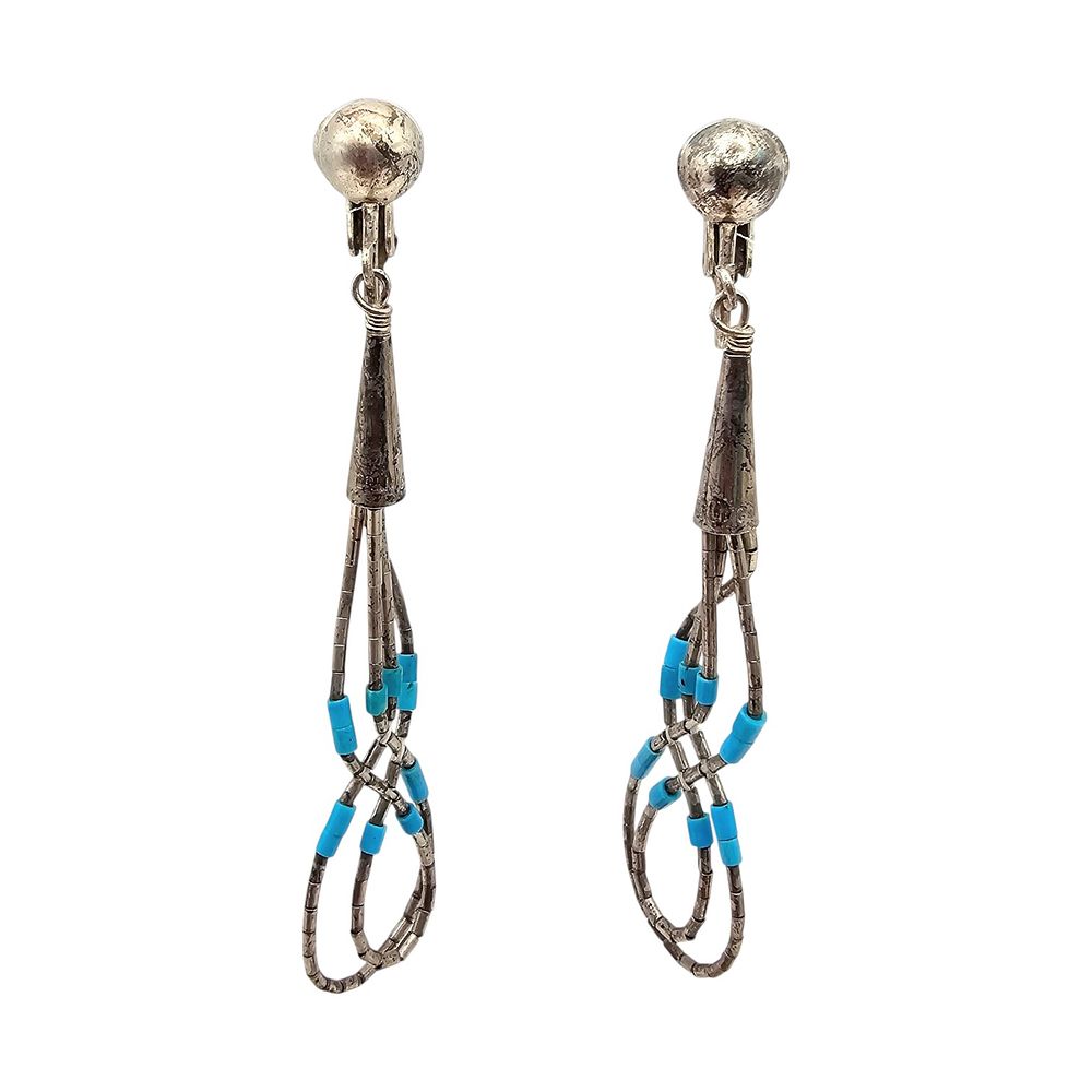 Lot 186: Southwestern Turquoise Liquid Silver Sterling Silver Multi Strand Drop Dangle Earrings 4.8 G
