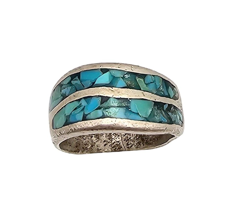 Lot 191: Southwestern Crushed Turquoise Sterling Silver Ring Size 4.5 4.6 G