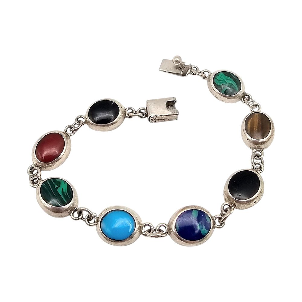 Lot 205: Southwestern Onyx Coral Turquoise Malachite Tigers Eye Sterling Silver Bracelet 21.1 G