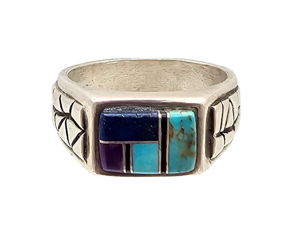 Lot 224: Teme Southwestern Lapis Turquoise Sterling Silver Ring Size 9 10 G