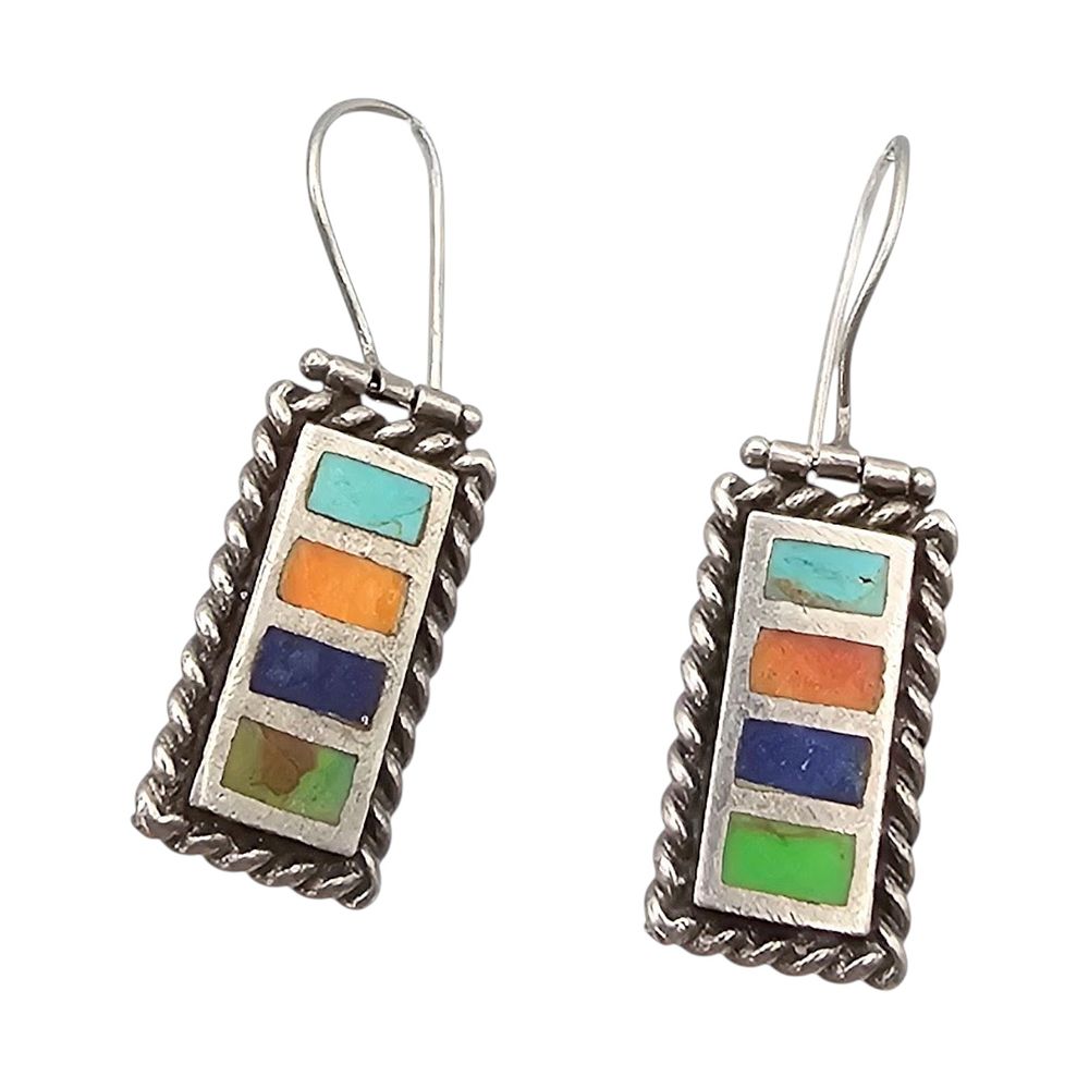 Lot 229: Southwestern Turquoise Coral Lapis Sterling Silver Drop Dangle Earrings 5.9 G