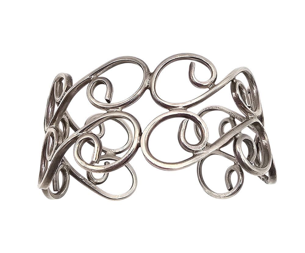 Lot 355: Mexico Taxco TS-102 Sterling Silver Scrollwork Cuff Bracelet 32.2 G