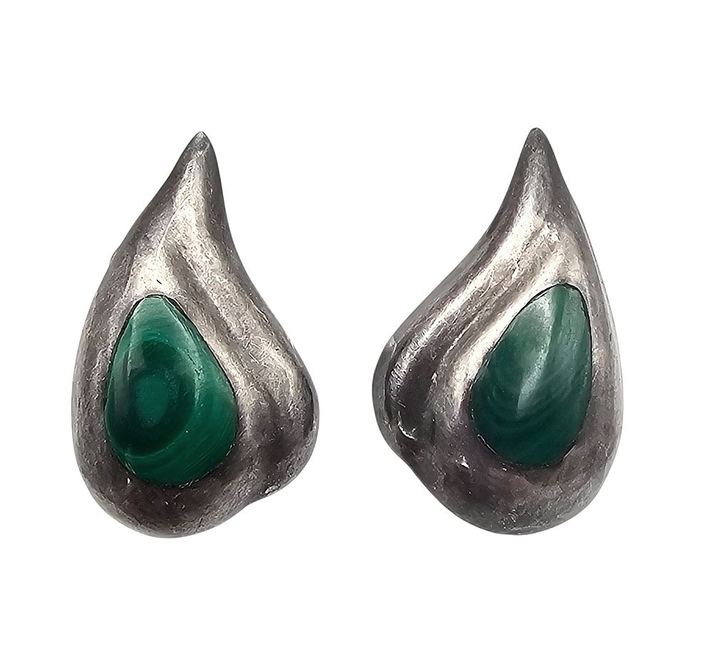 Lot 370: Mexico Taxco TF-57 Malachite Sterling Silver Earrings 13.3 G