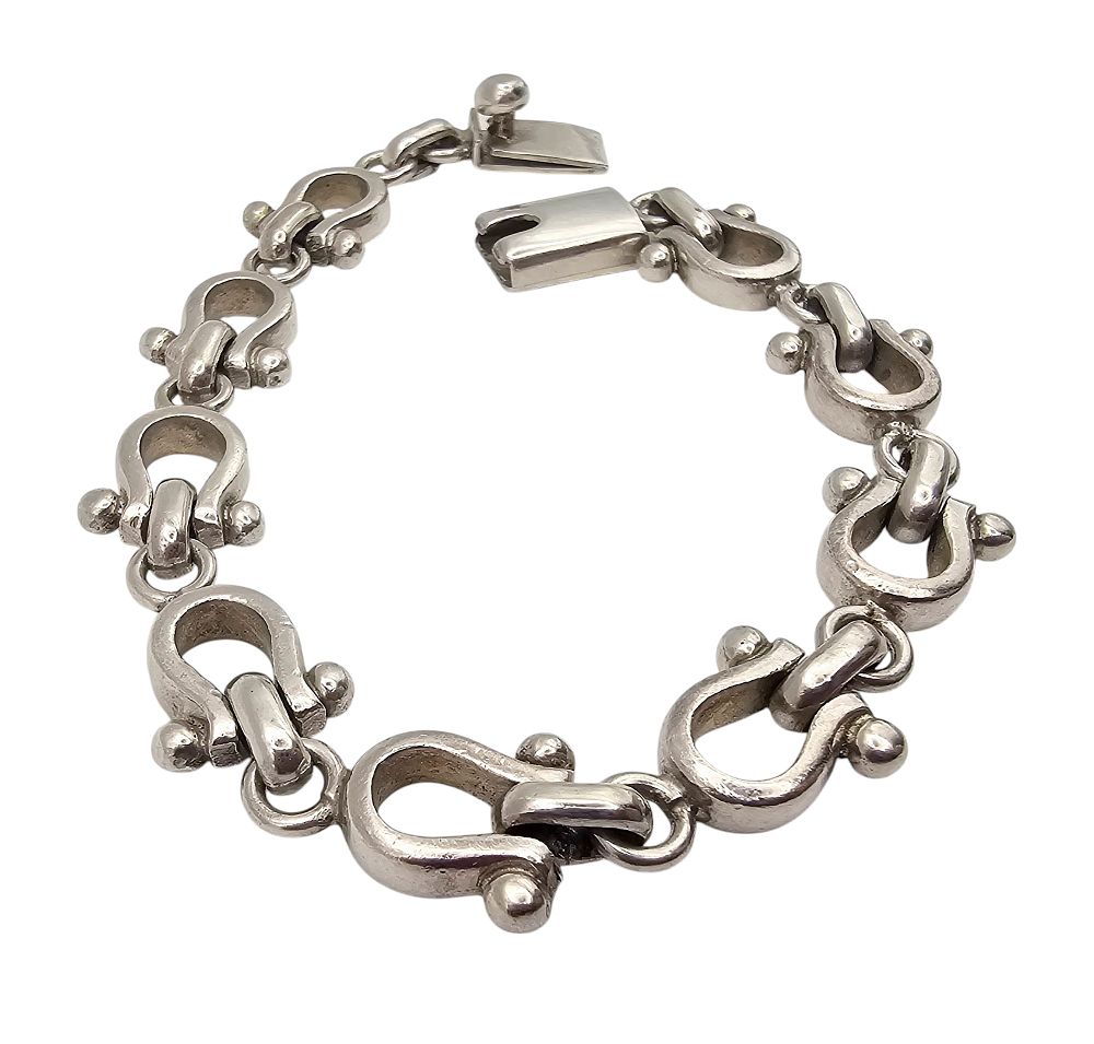 Lot 371: Mexico Sterling Silver Horse Bridle Hinge Link Bracelet 28.6 G