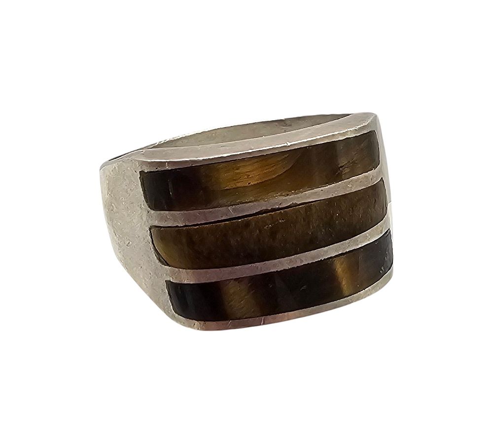 Lot 374: Mexico Tiger's Eye Sterling Silver Inlay Ring Size 11.5 12.2 G
