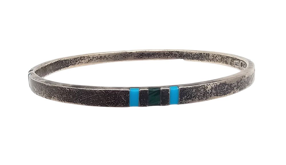 Lot 375: Mexico Malachite Turquoise Sterling Silver Hinge Bangle Bracelet 23.3 G