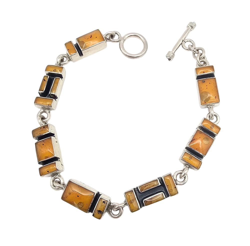 Lot 384: Mexico Taxco?C-45 Amber Sterling Silver Cobblestone Toggle Bracelet 31.5 G