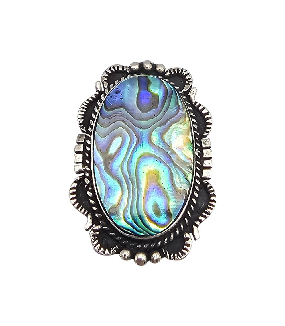 Lot 388: Mexico Abalone Sterling Silver Ornate Ring Size 6.25 8.1 G