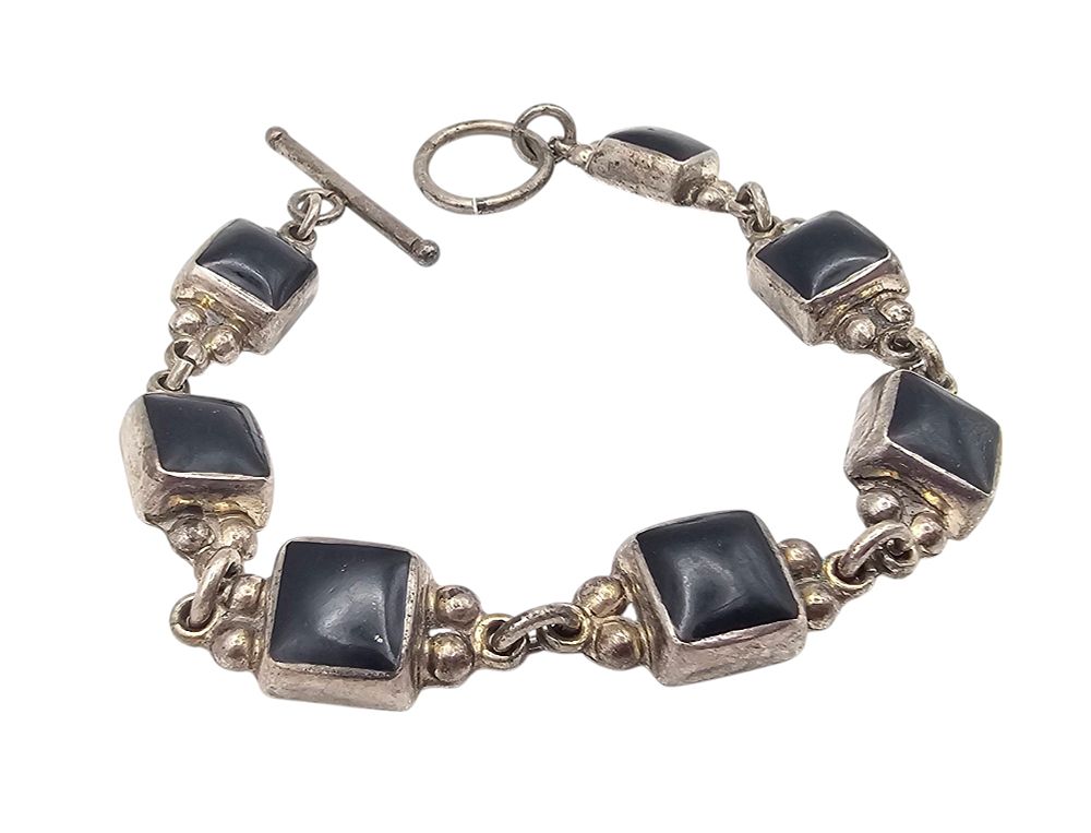Lot 392: Mexico Taxco TM-117 Onyx Sterling Silver Toggle Bracelet 25.5 G