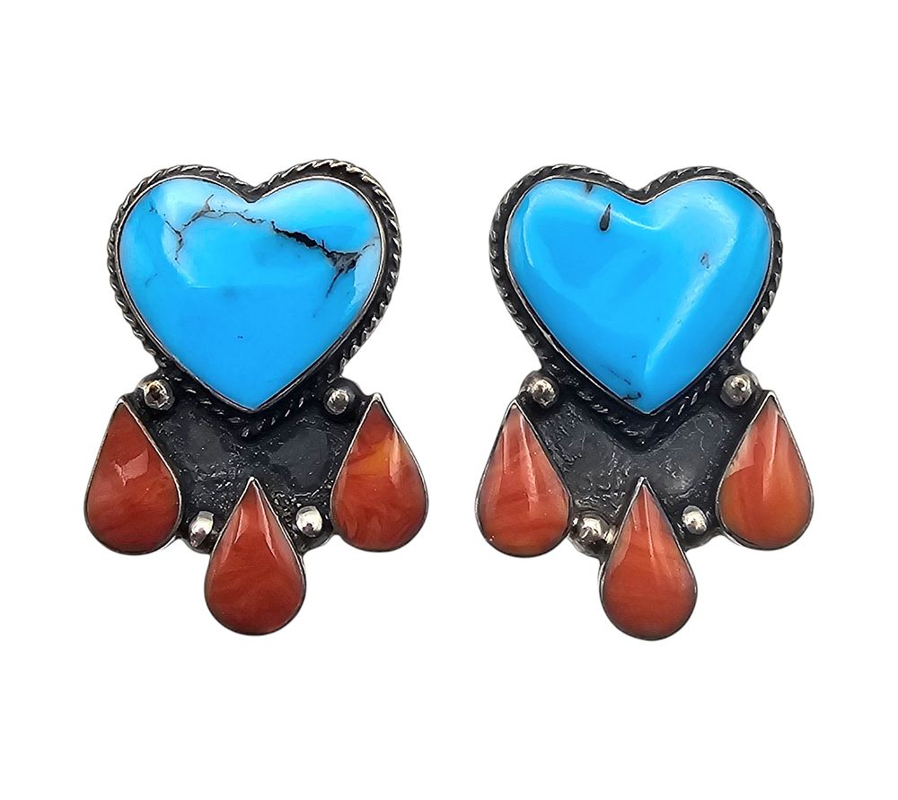 Lot 405: Mexico Turquoise Coral Sterling Silver Heart Earrings 8.3 G