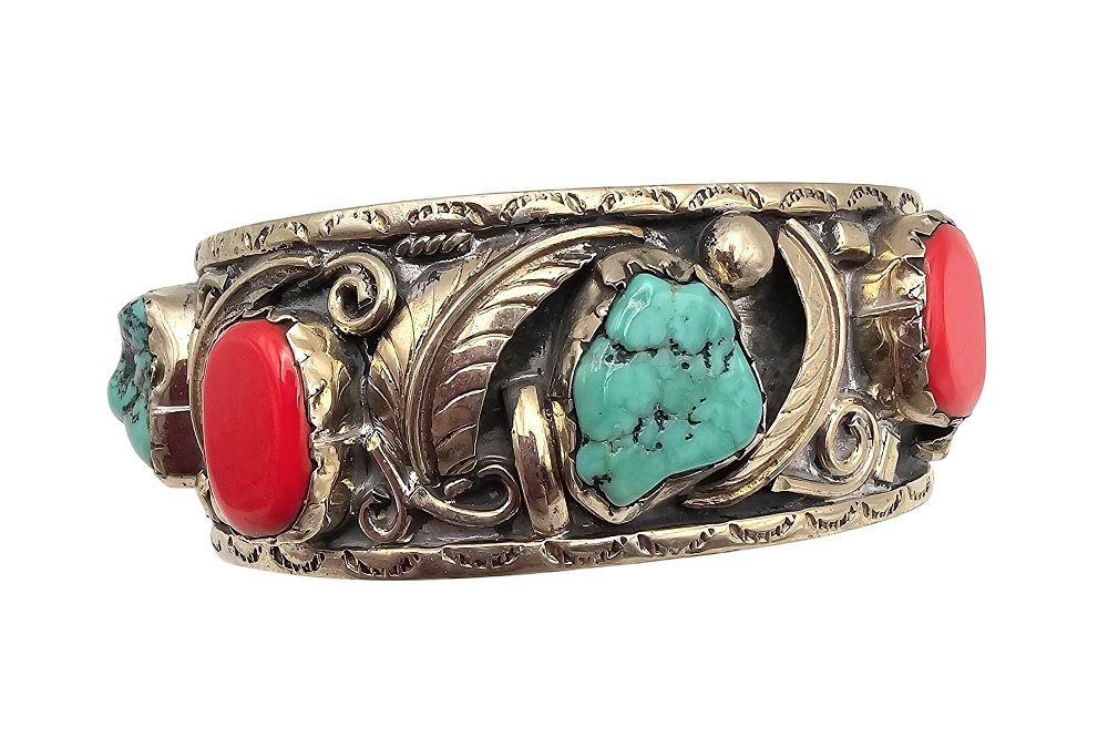 Lot 423: Mexico Coral Turquoise Sterling Silver Leaf Design Chunky Cuff Bracelet 43.2 G
