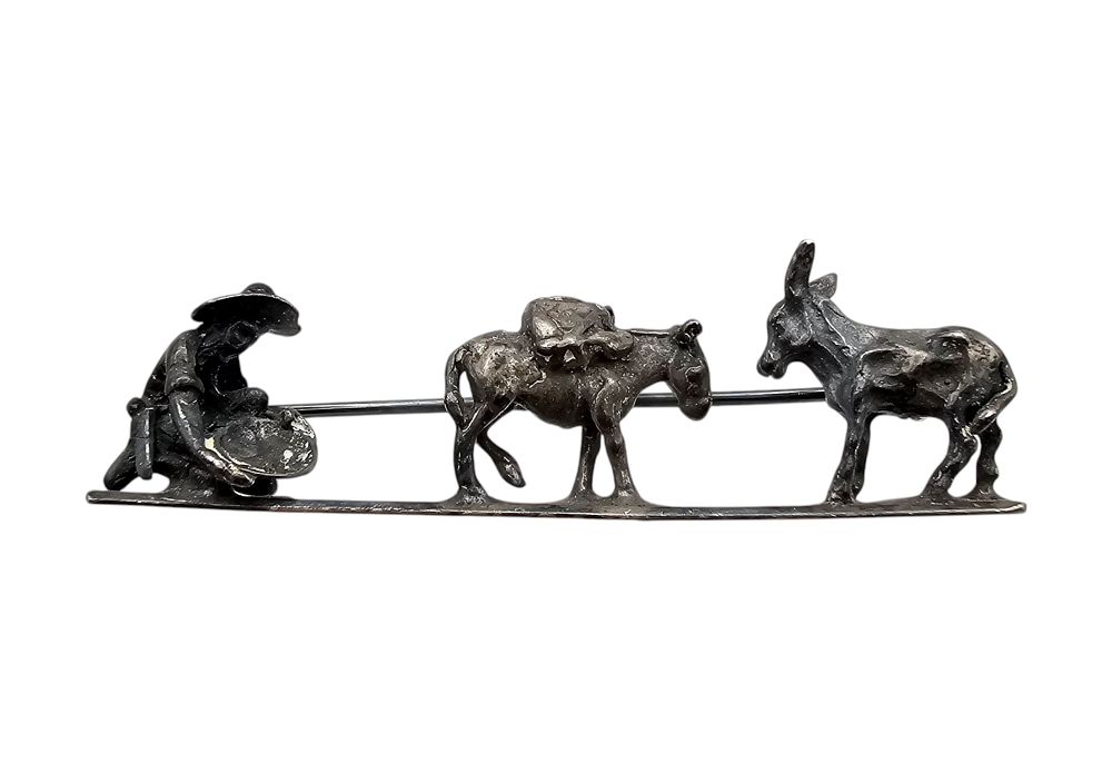 Lot 426: Mexico Sterling Silver Man With Donkeys Brooch 7.3 G