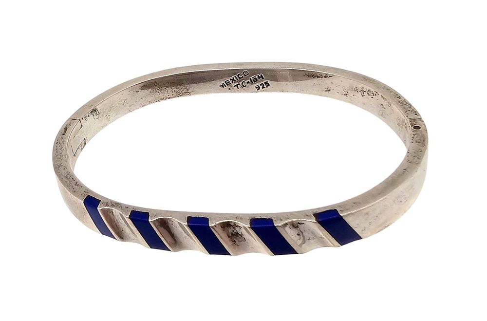 Lot 432: Mexico Taxco TC-134 Lapis Sterling Silver Hinge Bangle Bracelet 37.3 G