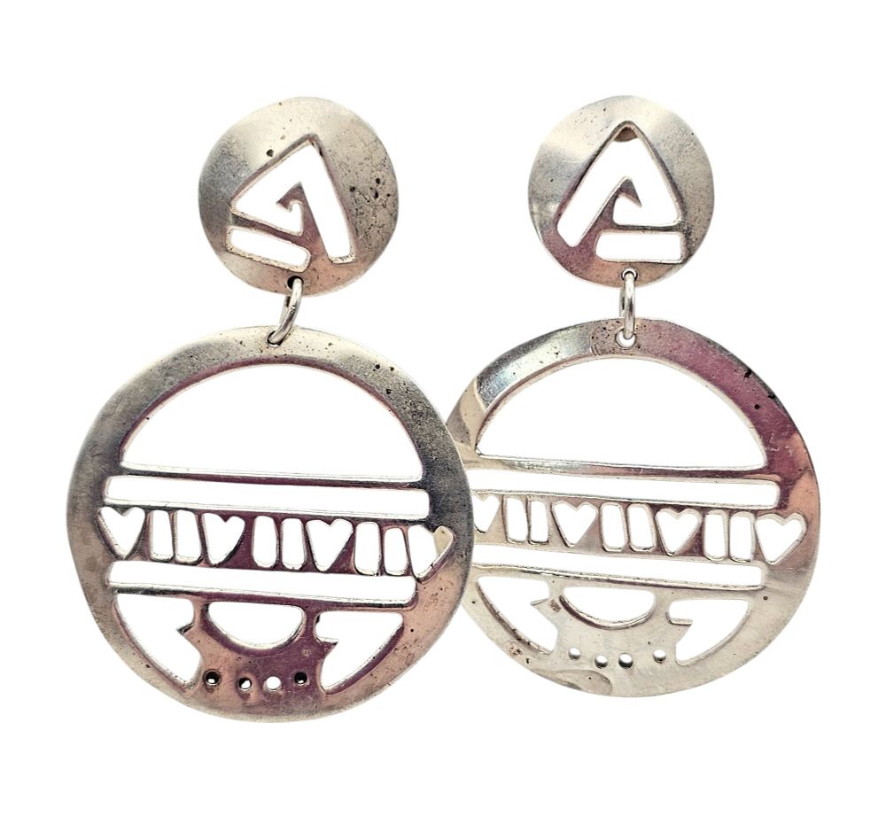Lot 434: Mexico Taxco Sterling Silver Cut Out Drop Dangle Earrings 16.5 G