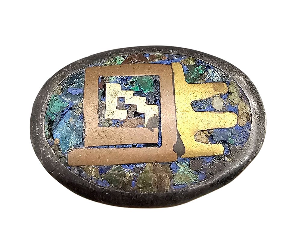 Lot 435: Mexico Crushed Turquoise Sterling Silver Brass Copper Brooch Pendant 7.5 G