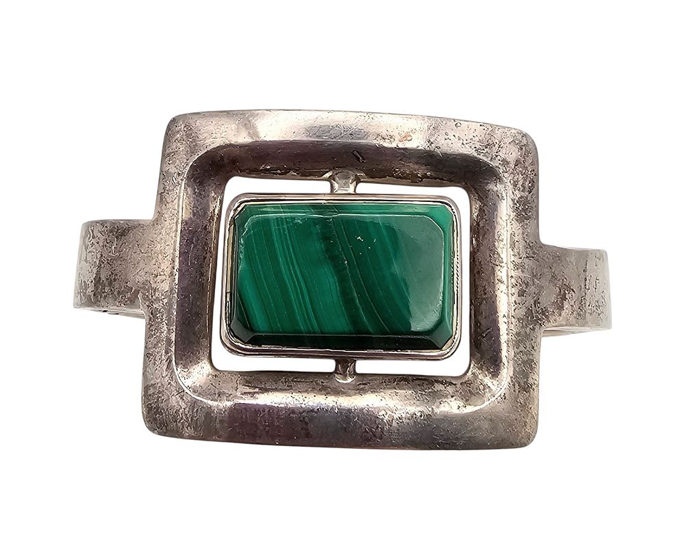 Lot 442: Mexico Taxco TD-27 Malachite Sterling Silver Hinge Bangle Bracelet 64.3 G