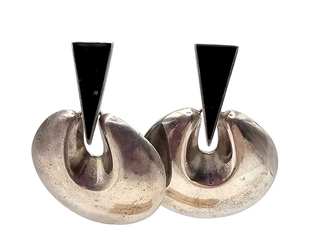 Lot 447: Mexico Taxco TA-C?Y? Onyx Sterling Silver Drop Dangle Earrings 16.8 G