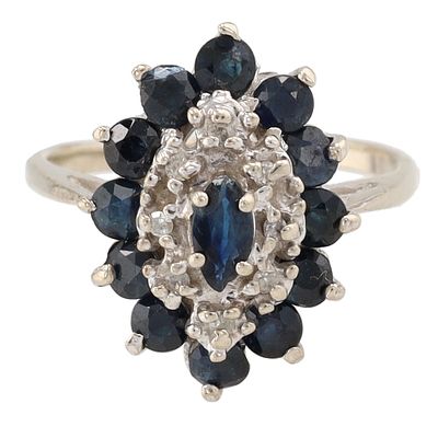 Sapphire Diamond 14K White Gold Ring Size 4.5. Signed Sapphire Diamond 14K White Gold Cocktail 