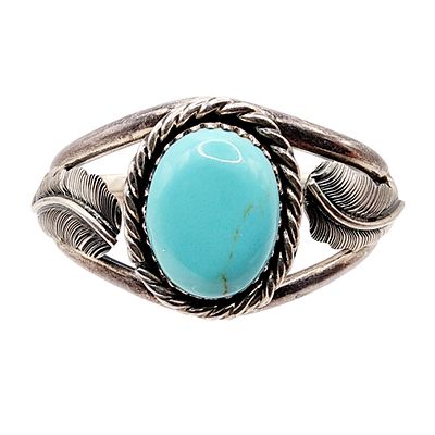 Sterling Feather Turquoise Cuff Bracelet. Sterling Feather Faux Turquoise Cuff Bracelet 28g