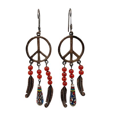 Signed Taxco TF-34 Mexico Vintage Sterling Peace Sign Feather Bead Earrings 12.5g