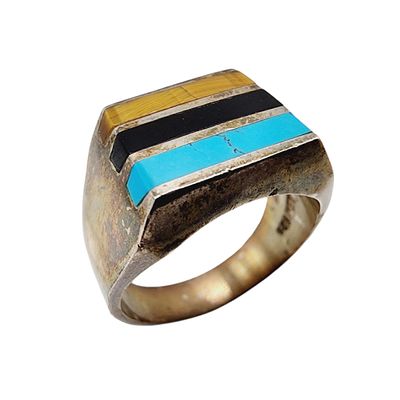 Taxco TC-315 Mexico Sterling Men's Multi Stone Inlay Ring Sz 11 14.8g