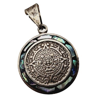Taxco TG-271 Mexico Vintage Sterling Abalone Aztec Calendar Pendant 11.1g