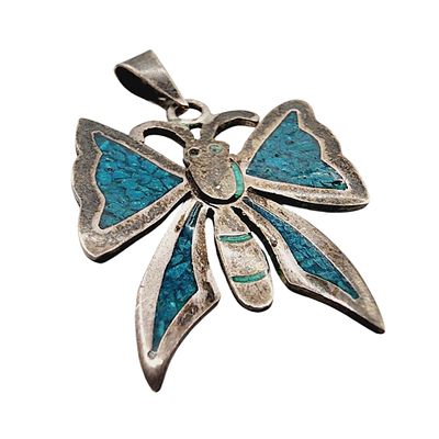 Signed 'CRB' Taxco Mexico Sterling Crushed Turquoise Butterfly Pendant. Signed 'CRB' Taxco 