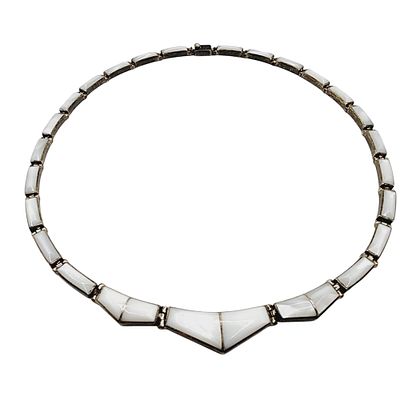 950 Sterling Mexico Mother of Pearl Articulated Necklace 33.2g