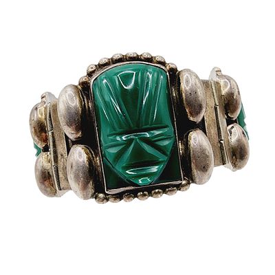 Signed Mexico Sterling Aztec Mask Panel Bracelet 66g