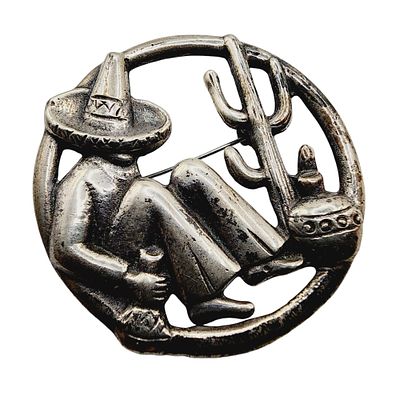 Vintage Mexico Siesta Scene Sterling Brooch 14.3g