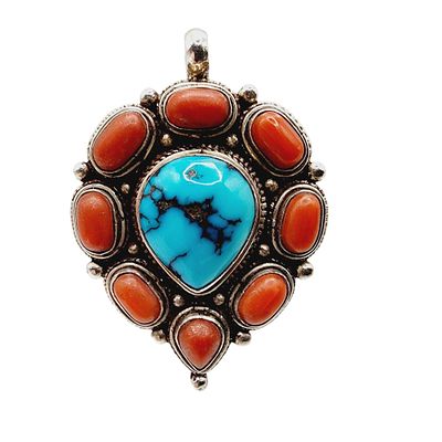 Southwest Sterling Coral Turquoise Pendant 19.8g