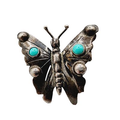 Signed 'MG' Mexico Vintage Sterling Turquoise Butterfly Brooch 3.5g