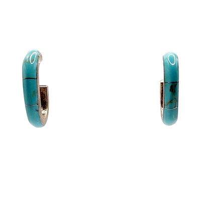 Vintage Mexico Sterling Turquoise Inlay Hoop Earrings 4.6g
