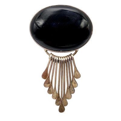Signed 'AIS' Mexico Sterling Onyx Pendant. Signed 'AIS' Vintage Mexico BIG Sterling Onyx Fringe 