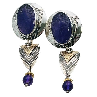 Navajo Signed 14K Gold And Sterling Carved Amethyst Stone Dangle Earrings 9.47 G. Navajo signed 