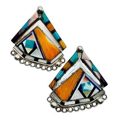 Navajo Sterling Inlaid Opal,Turquoise, Mother Of Pearl Pushback Earrings 16.89 G. Navajo 