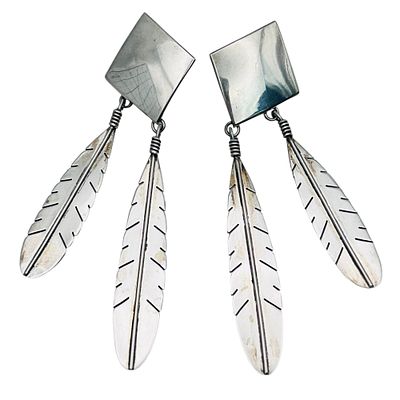 Native Sterling Pushback Dangle Feather Earring 16.86 G. Native Sterling pushback dangle feather 