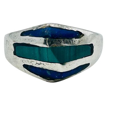 Southwest 950 Silver Inlay Malachite, Turquoise, Lapis Lazuli Sterling Ring Size 7, 3.35 G. south 