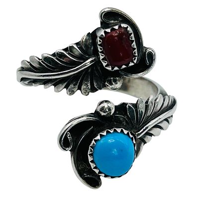 Richard Begay Navajo Sterling Turquoise And Coral Bypass Ring Size 8.5, 4.96 G. Richard Begay 