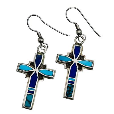 Navajo Signed K Sterling Inlay Turquoise And Lapis Lazuli Cross Earrings 7.78 G. Navajo signed K 